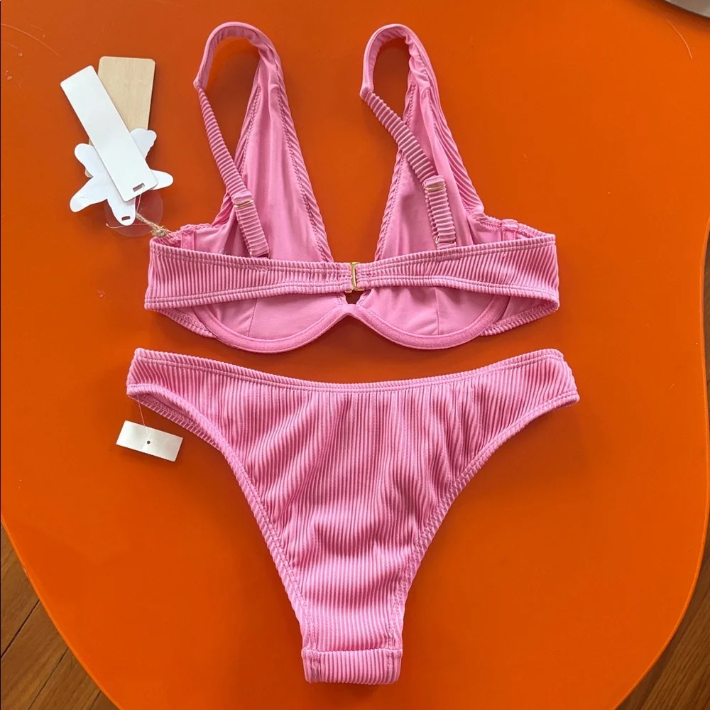 Cabana del sol Pink Ribbed Bikini Set xs nwt